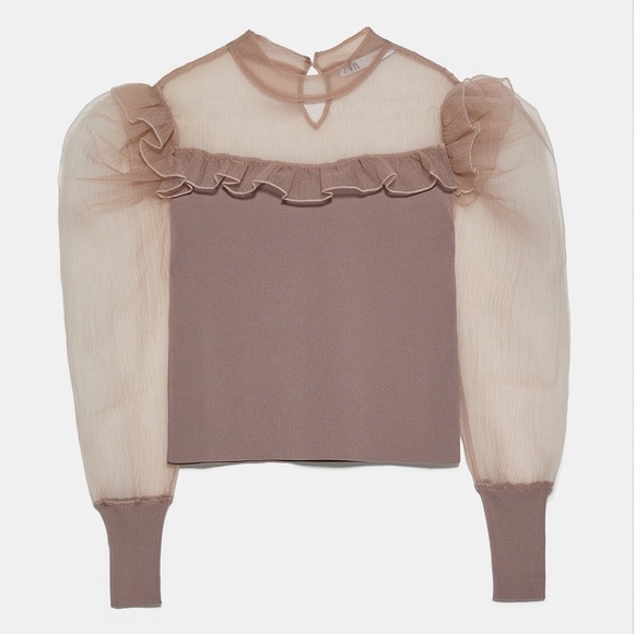ZARA DUSTY PINK KNIT BANDAGE CHIFFON RUFFLE ORGANZA LONG SLEEVE TOP BLOUSE $69.9 - Picture 7 of 9